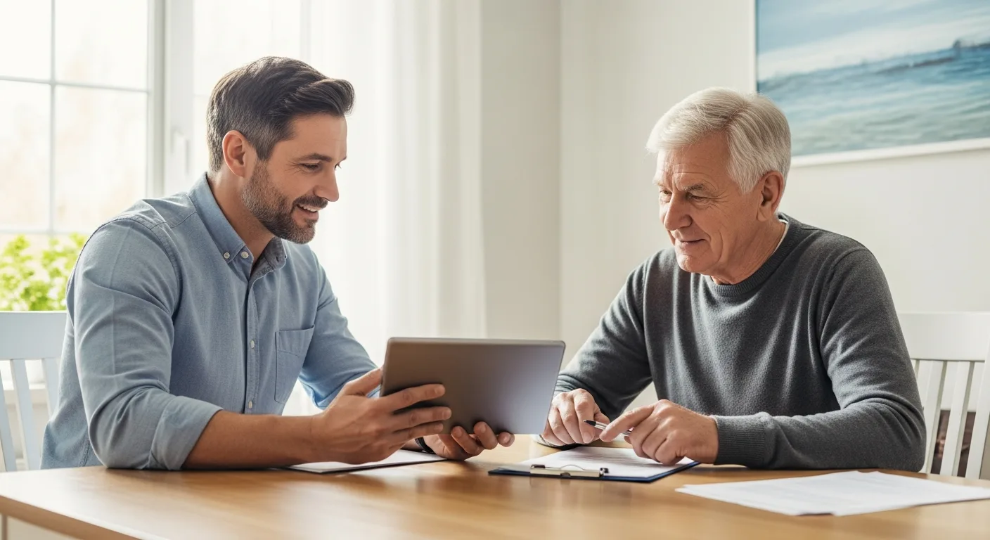 A man and his elderly father discussing the best home care options in a bright, comfortable living room.