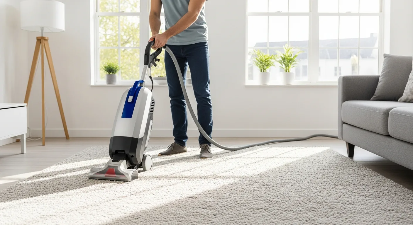 A man using the best home carpet cleaner to deep clean a plush living room rug.
