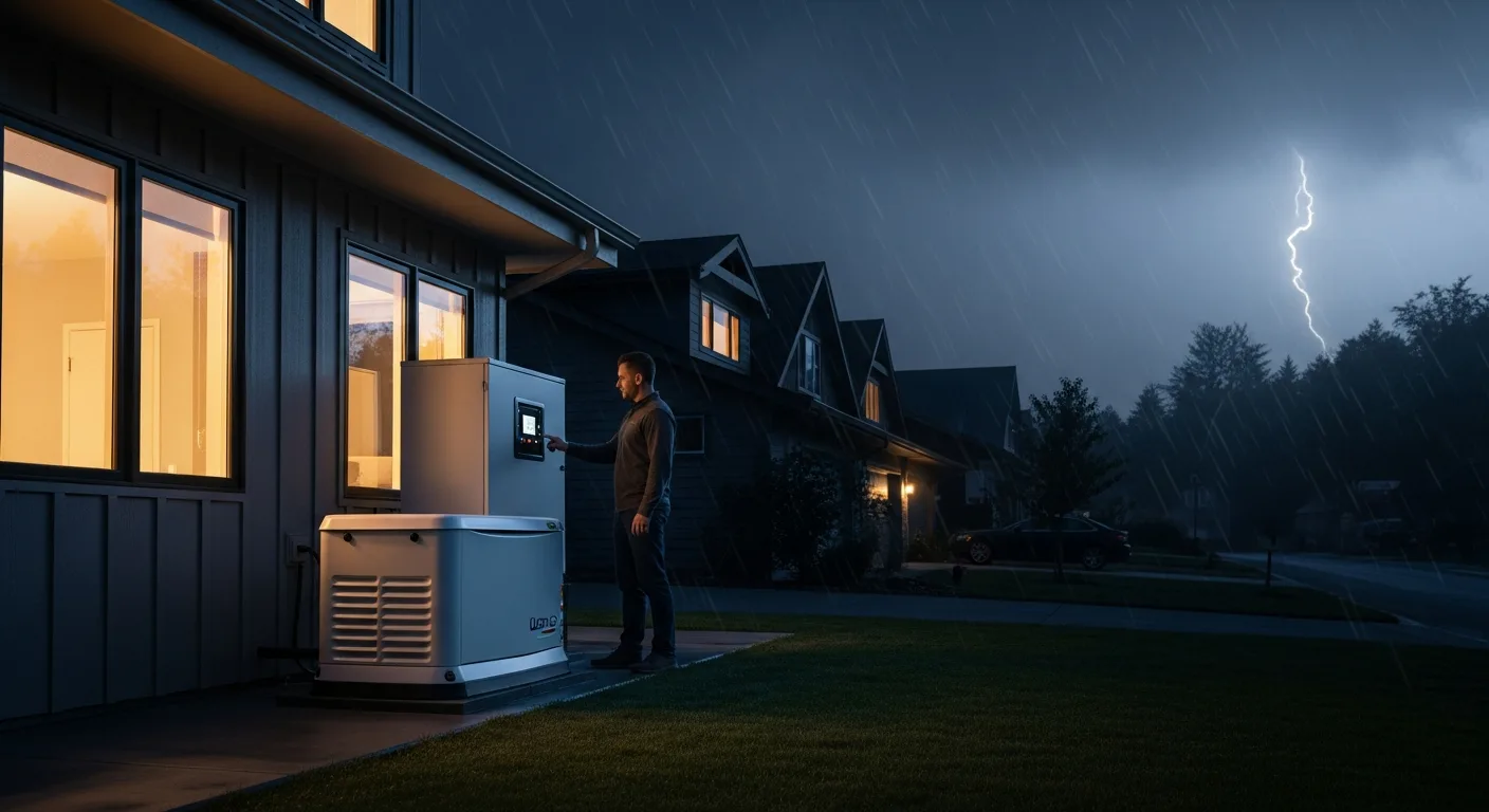 A sleek standby unit, considered the best home generator, installed on a concrete pad outside a modern suburban house.