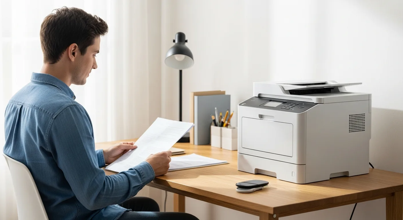 A man organizing documents next to the best home laser printer in a bright and modern home office.