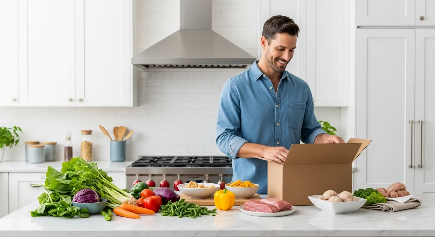 A man in a kitchen reviewing fresh meal kits to find the best home meal delivery service for his needs.