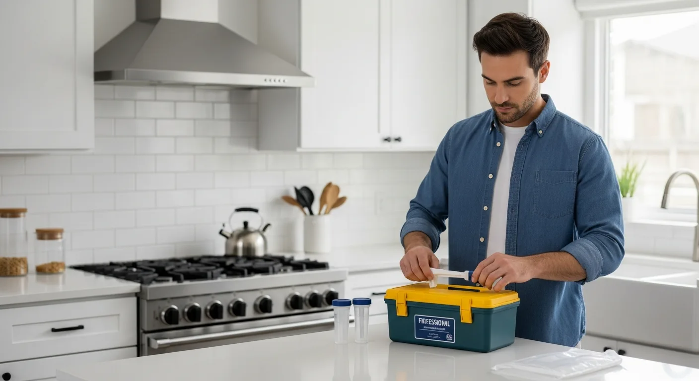 A man evaluating his indoor air quality with the best home mold test kit in a modern living room.