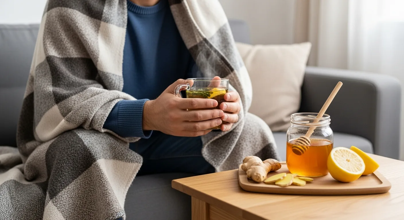 A man drinking warm honey lemon tea as the best home remedy for cough symptoms at home.