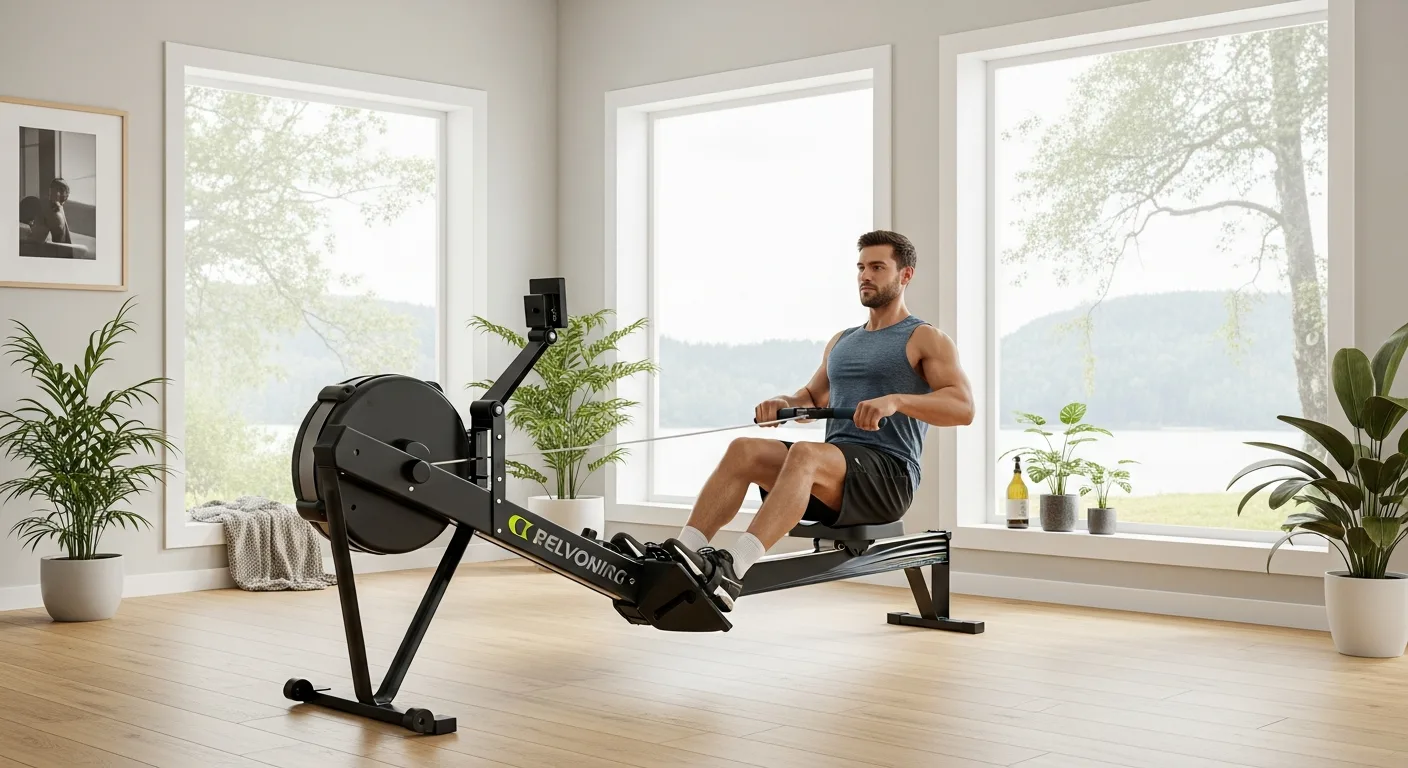 A man exercising on the best home rowing machine in a modern, sunlit living room gym.