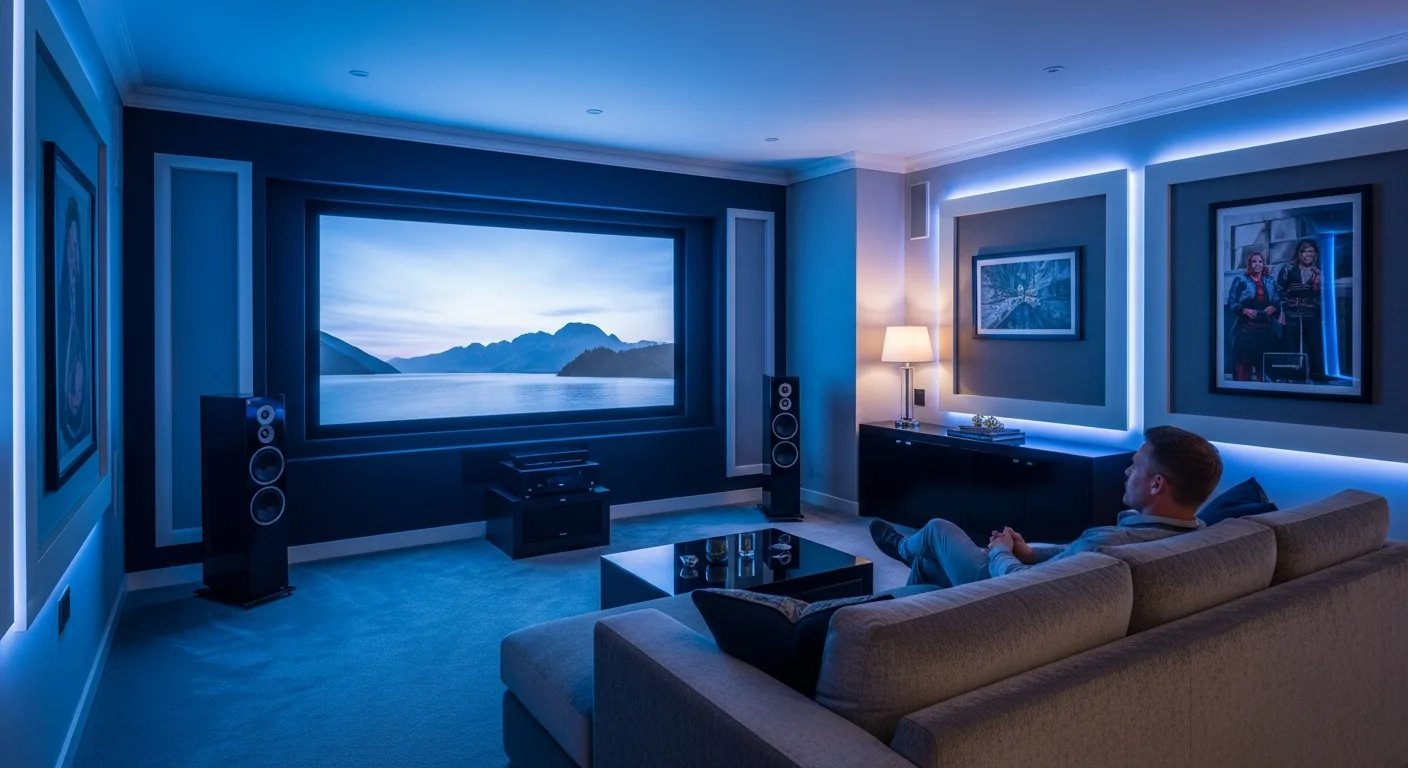 A man enjoying a cinematic movie night using one of the best home theater systems in a dark modern living room.