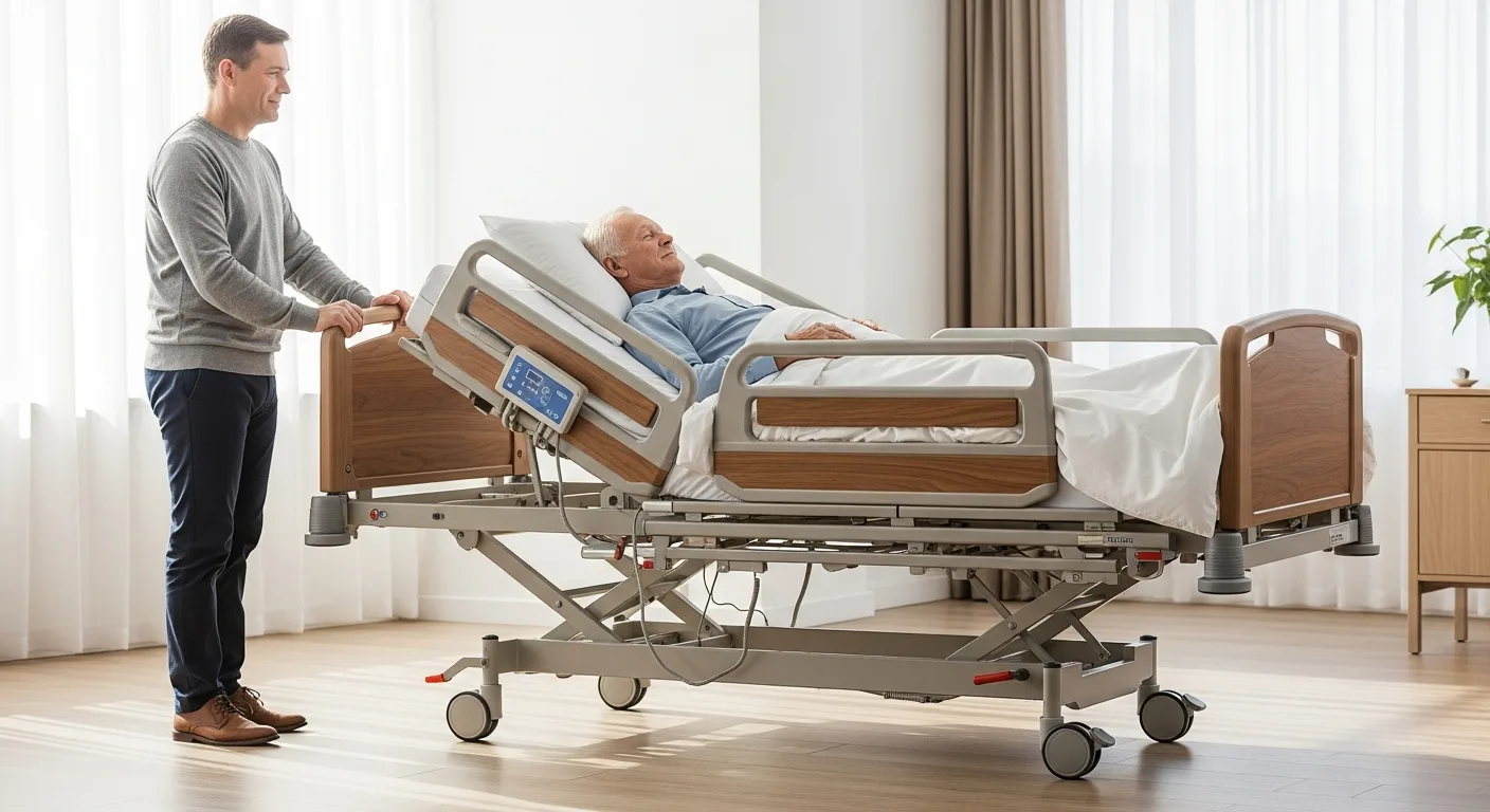 Choosing the best hospital beds for home care featuring an adjustable electric frame and safety rails.
