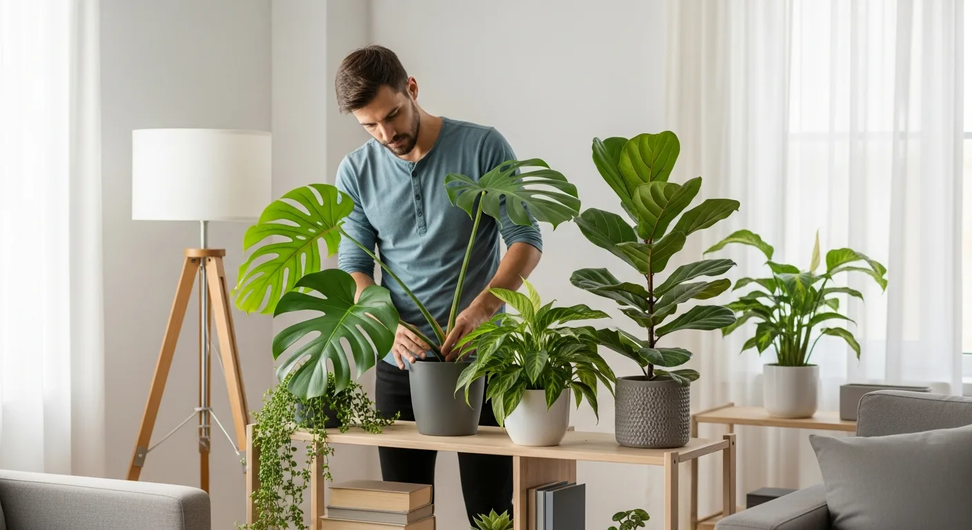 A diverse selection of the best house plants displayed in a sunlit modern living room setting.