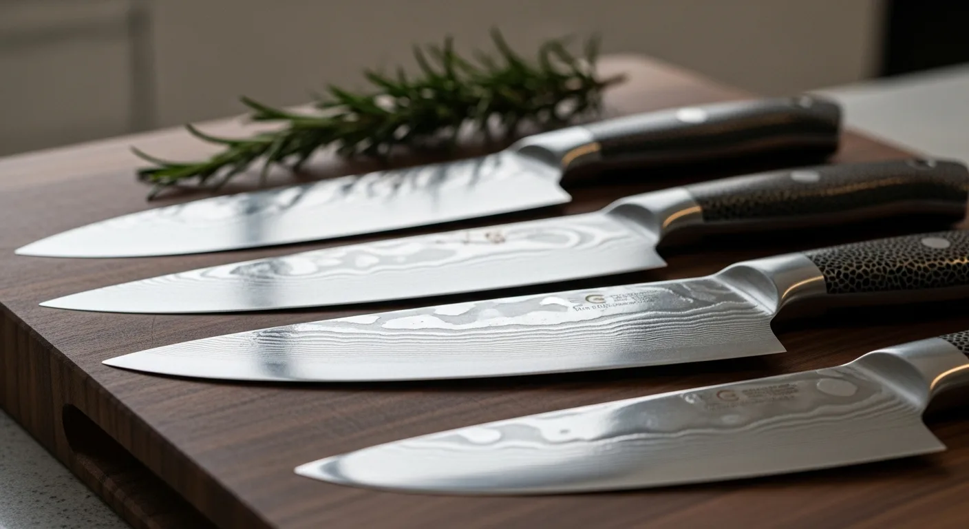 A professional selection of high-performance blades from the best kitchen knife brands on a rustic wooden block.
