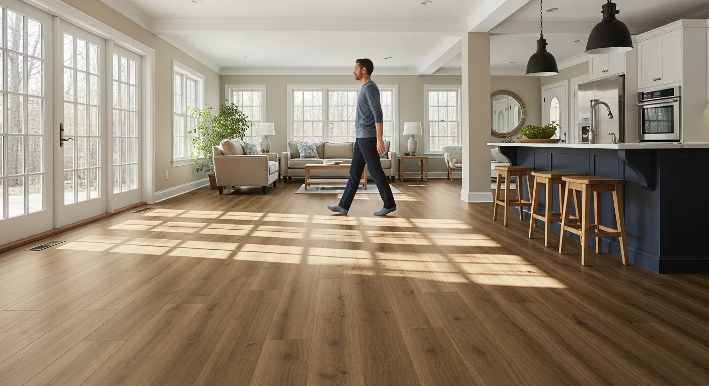 A modern living room featuring the best laminate flooring for high-traffic areas and sleek contemporary furniture.