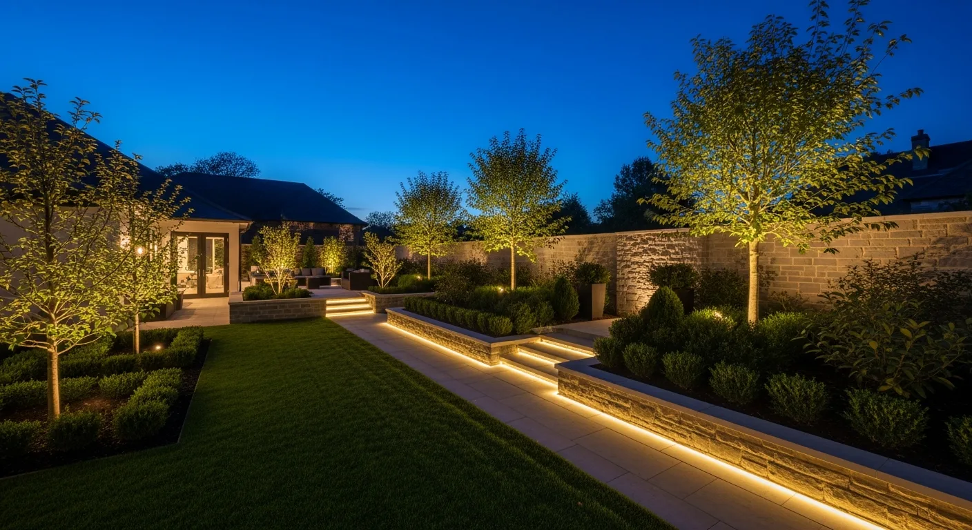 Elegant garden path with the best landscape lighting highlighting architectural features and plants.
