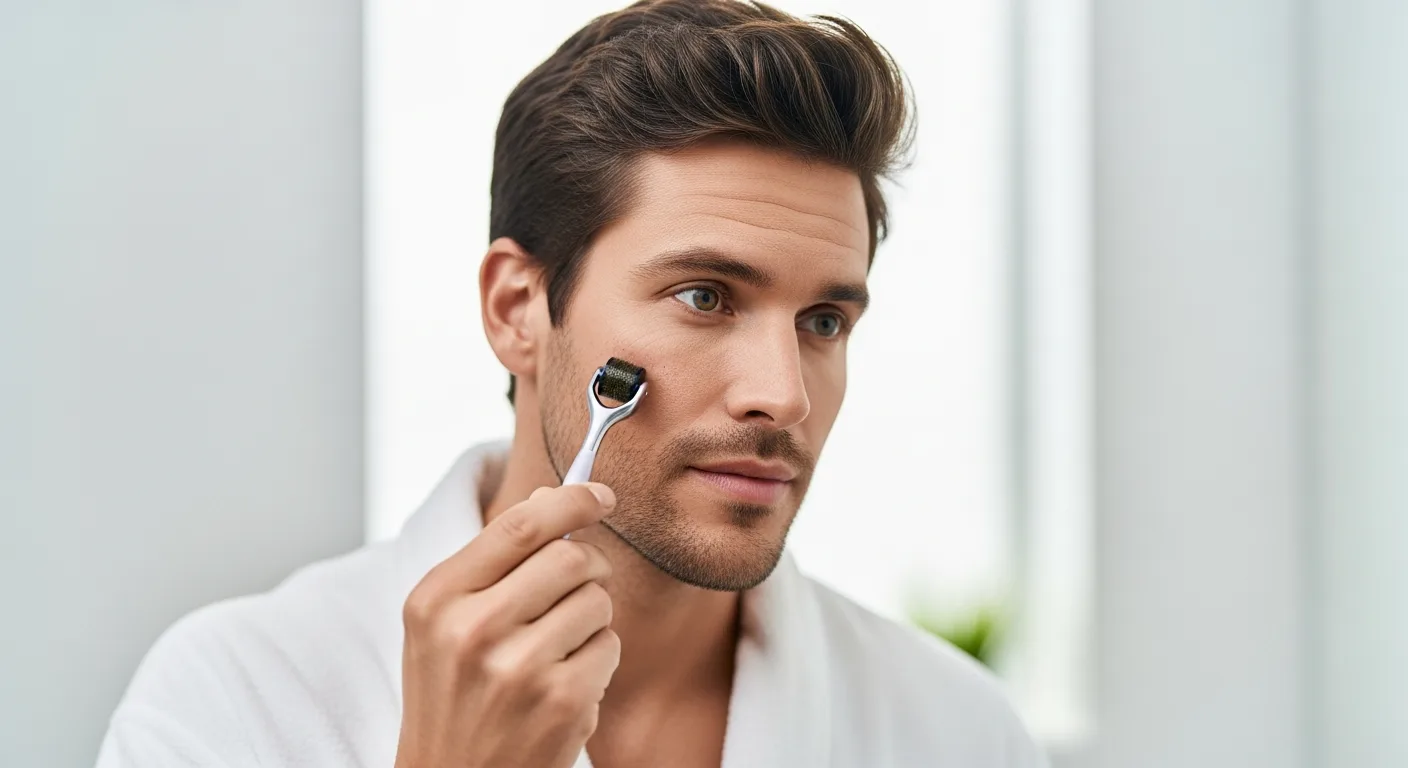 A man using a high-quality derma roller for the best microneedling at home results.