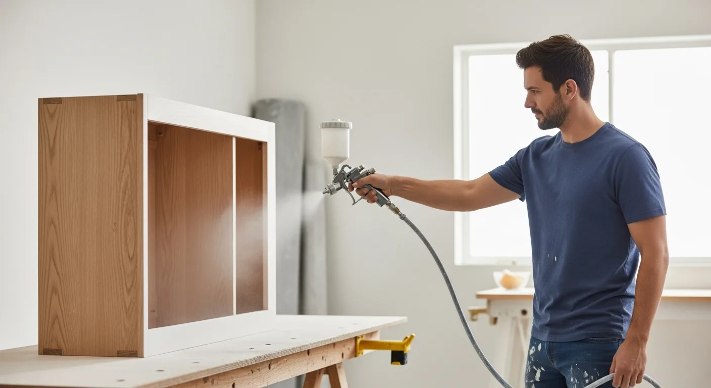 A man using the best paint sprayer for home use to achieve a smooth, professional finish on a wooden DIY project.