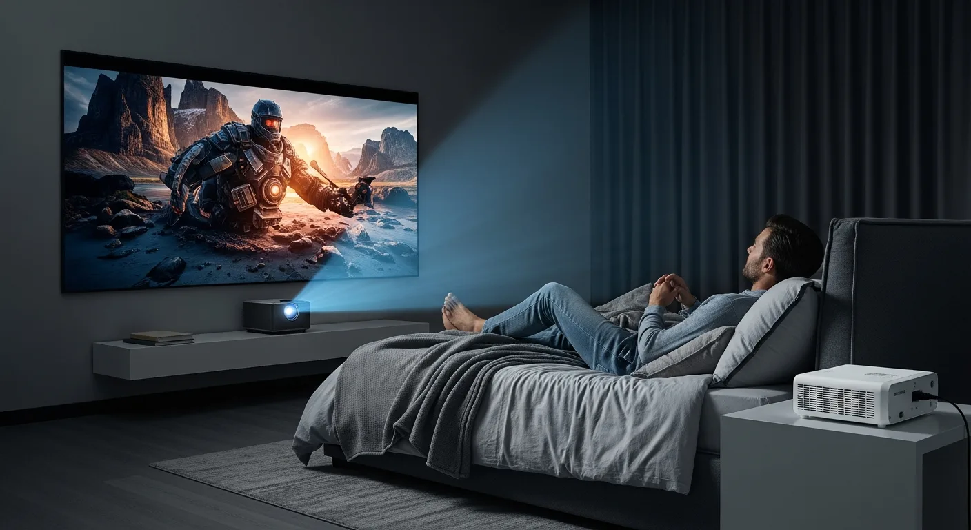 A modern setup showcasing the best projector for bedroom viewing on a nightstand in a cozy, dimly lit room.