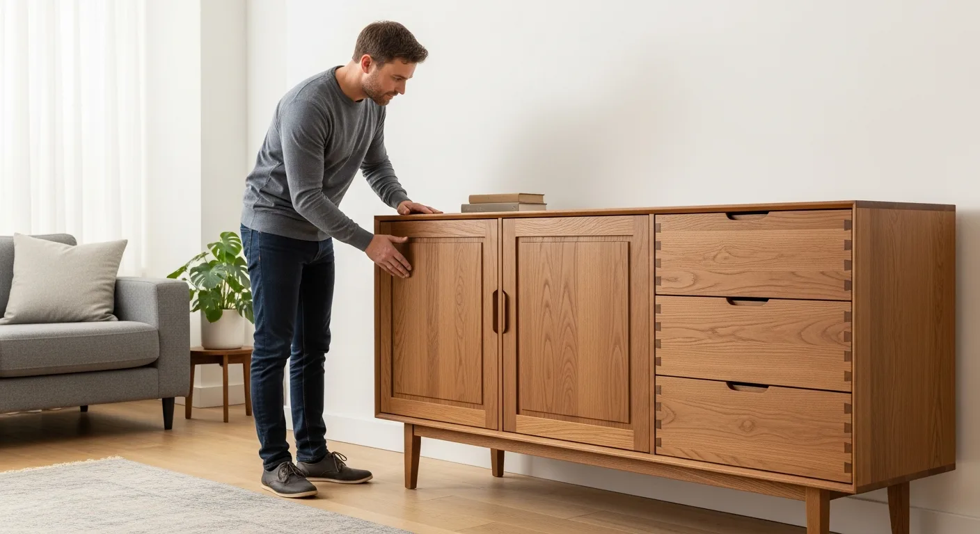 A detailed close-up of best quality furniture showcasing solid wood grains and expert joinery in a bright home.