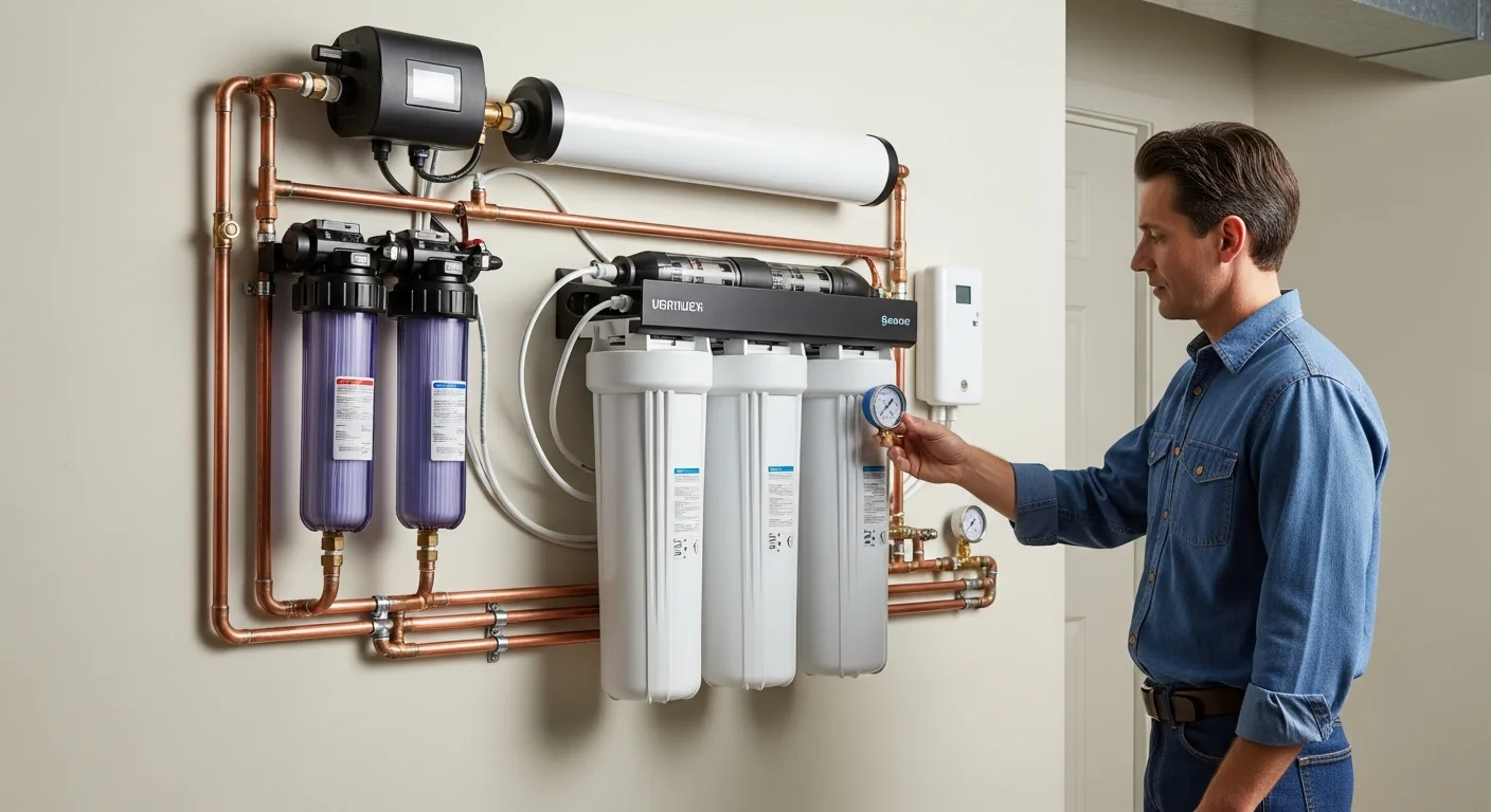 A professional plumber inspecting the best rated whole house water filter installed in a residential utility room.