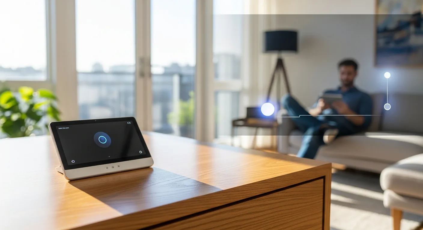 A comparison of the best smart home hubs displayed on a sleek wooden table in a modern 2026 living room.