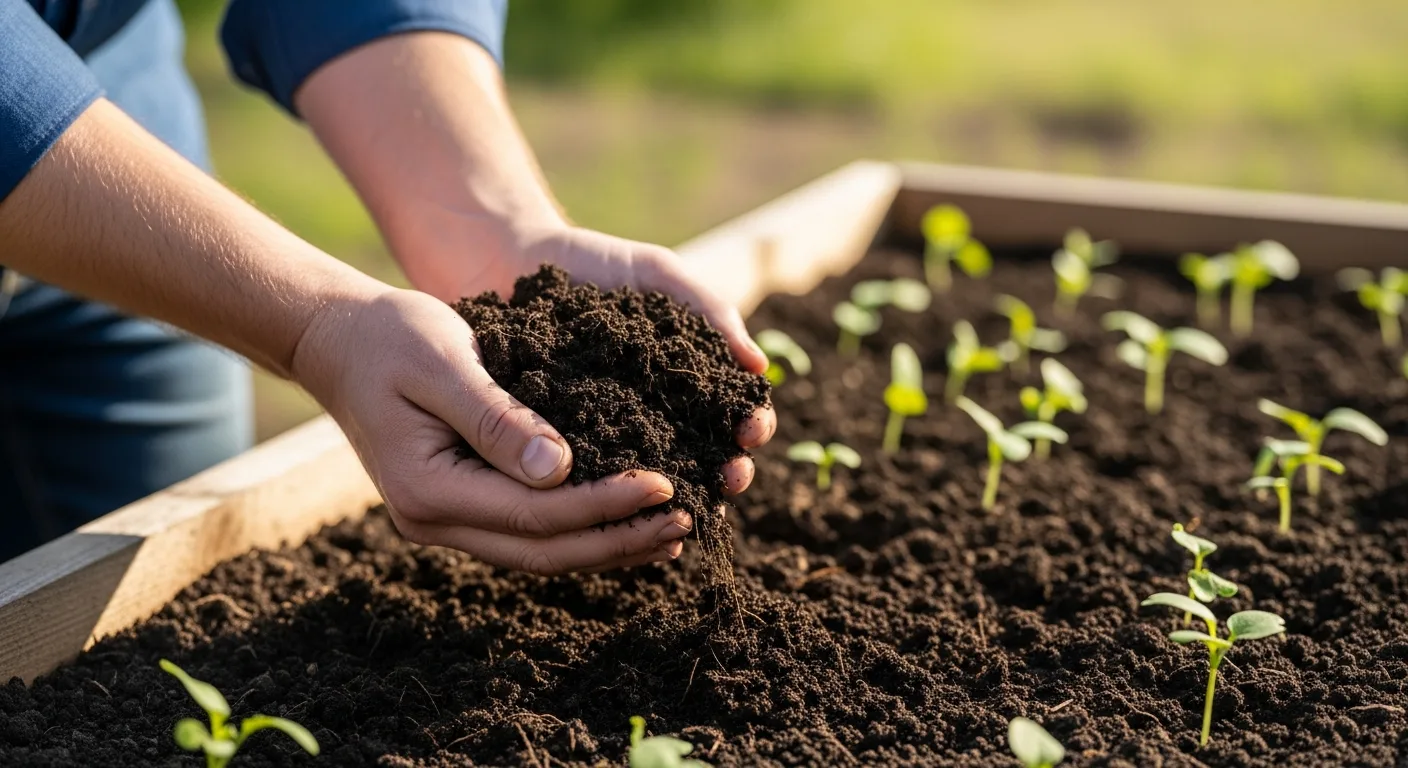 Healthy seedlings growing in nutrient-rich compost, the best soil for vegetable garden beds.