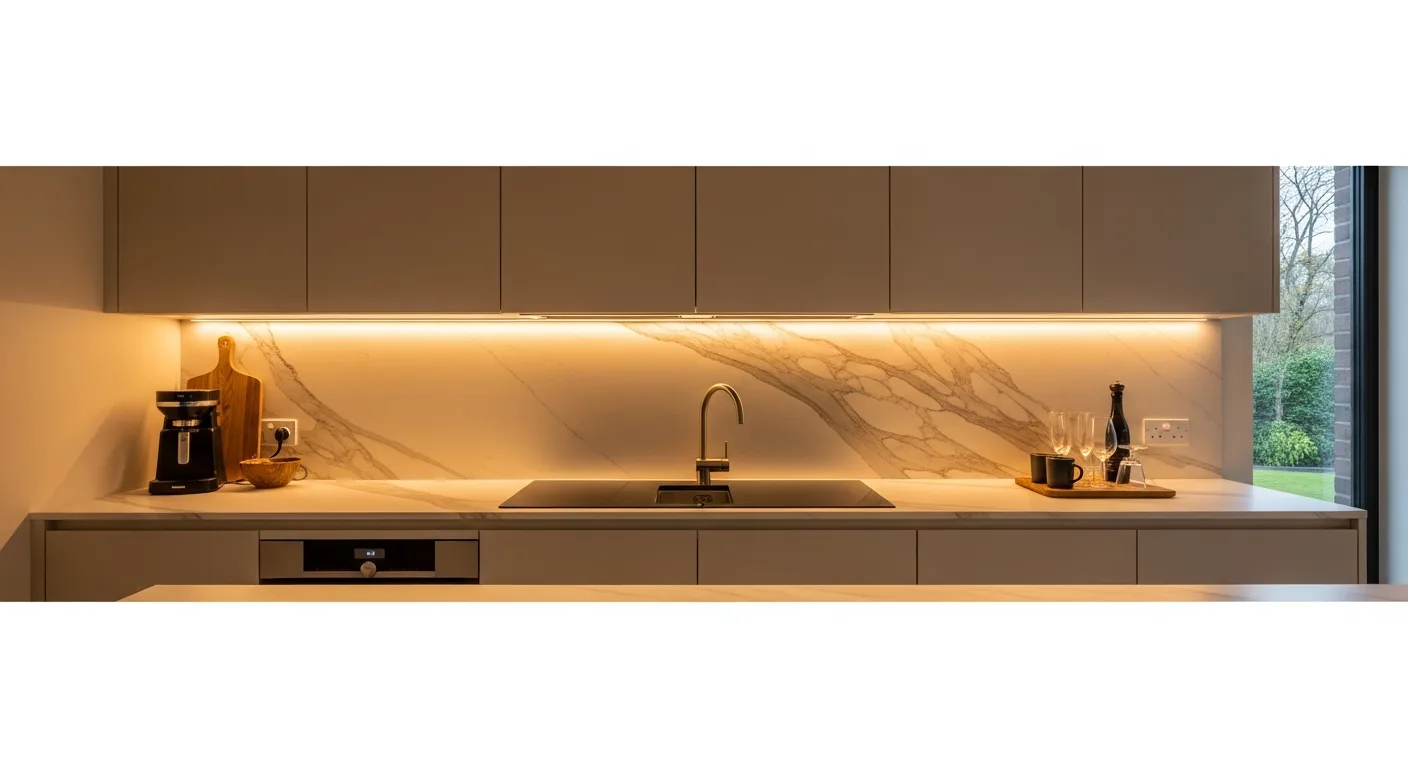 Sleek modern kitchen featuring the best under cabinet lighting installed beneath minimalist white cabinetry.