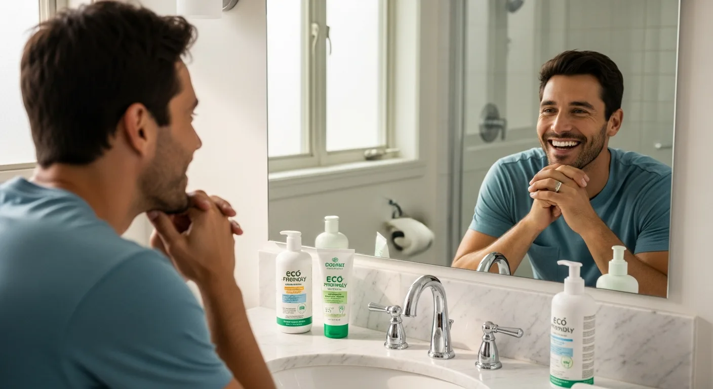 A man with a bright smile showing the best way to whiten teeth at home using a natural whitening kit.