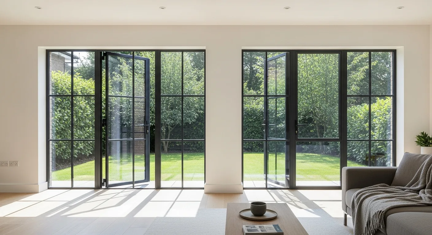 A modern living room showcasing the best windows for home with energy-efficient black frames and large glass panes.