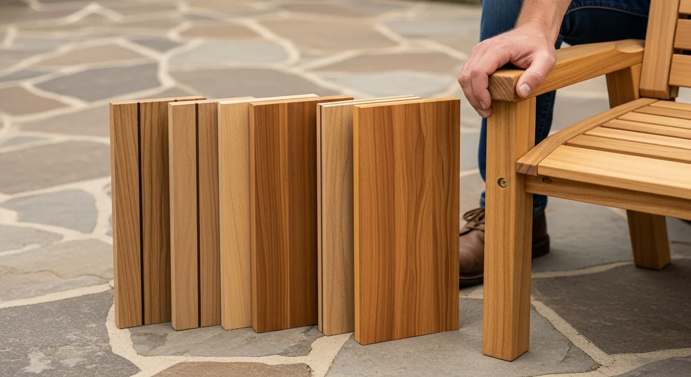 A variety of high-quality planks showcasing the best wood for outdoor furniture in a modern garden setting.
