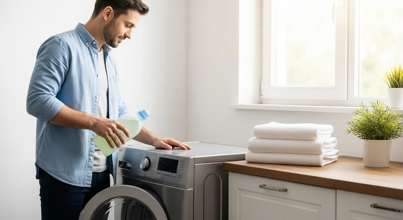 A man pouring biodegradable laundry detergent into a modern front-load washing machine in a bright laundry room.