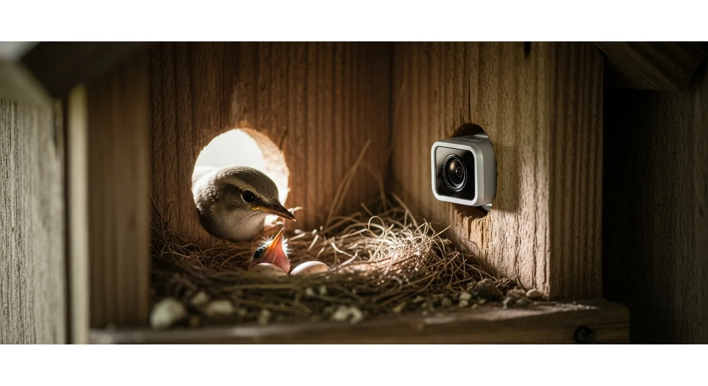 A high-definition bird house camera installed inside a wooden nesting box with a bluebird looking at the lens.