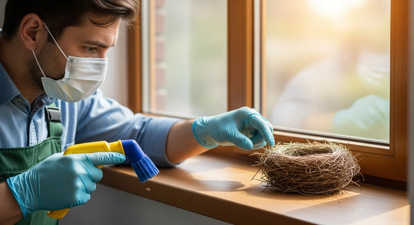A close-up view of bird mites in house on a window sill near an old bird nest.