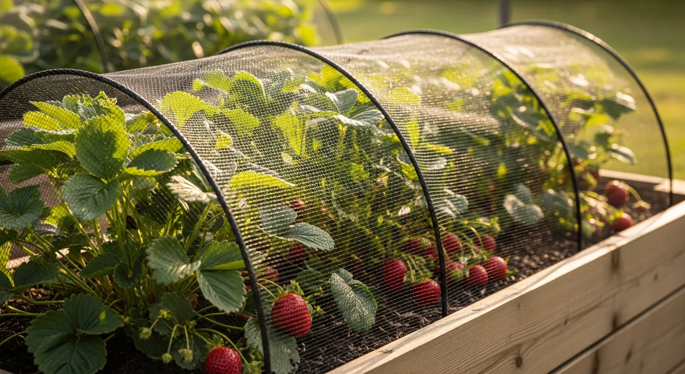 Heavy-duty bird netting for garden use protecting a ripening vegetable patch from pests.