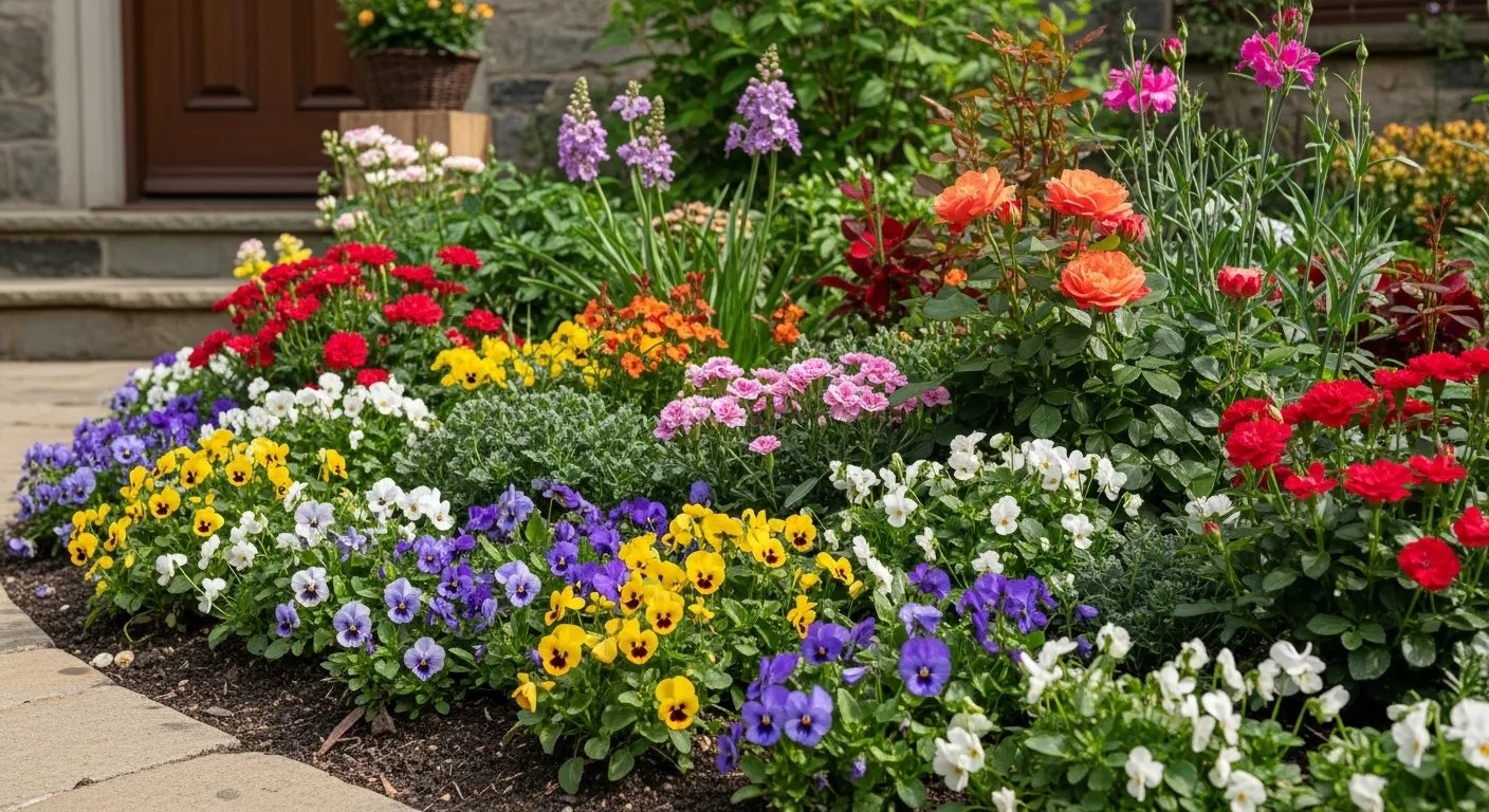 A vibrant birth flower garden featuring a diverse arrangement of colorful seasonal blooms in a sunny backyard.