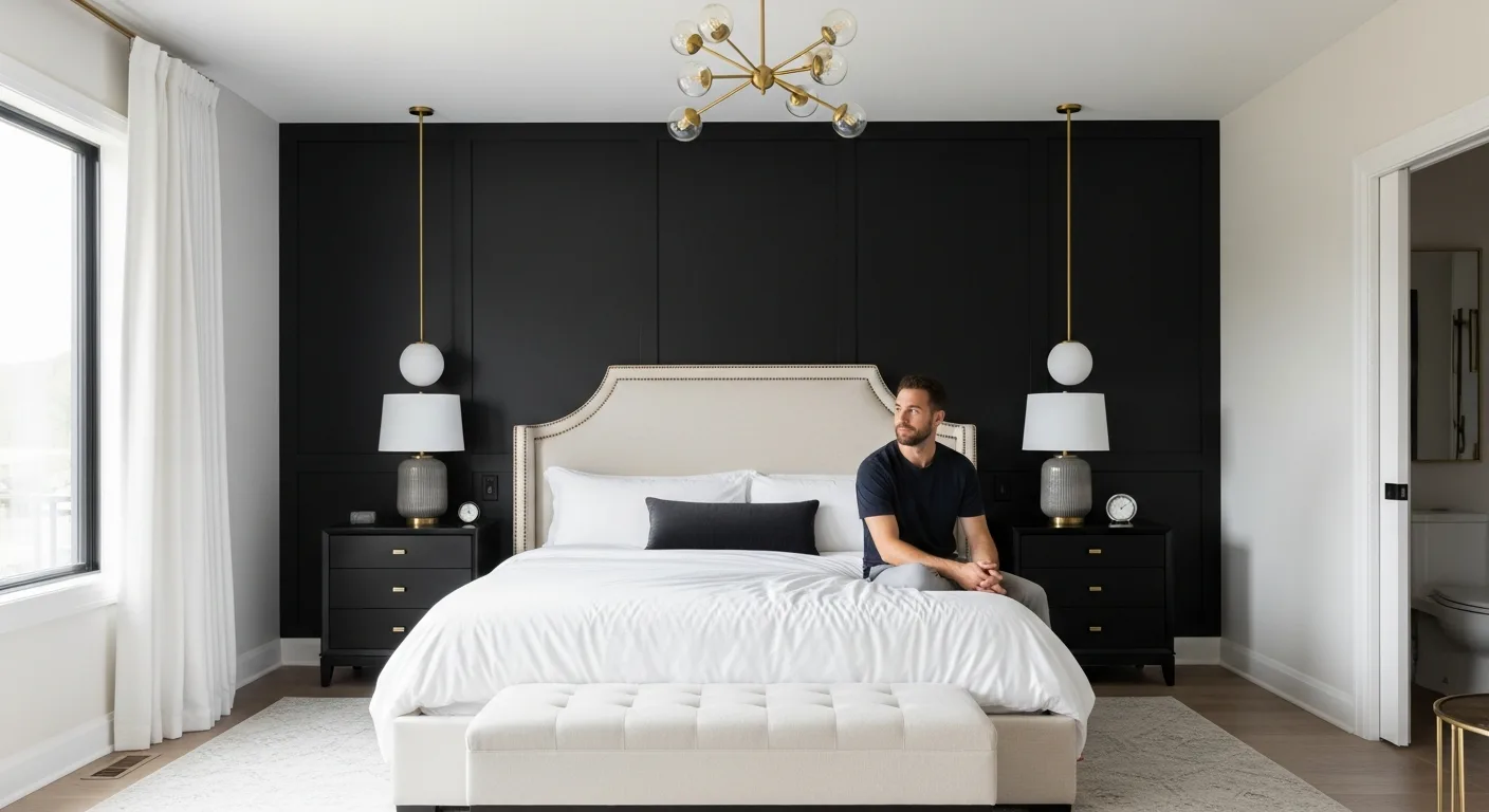 A modern bedroom design featuring a bold black accent wall bedroom with minimalist decor and white bedding.