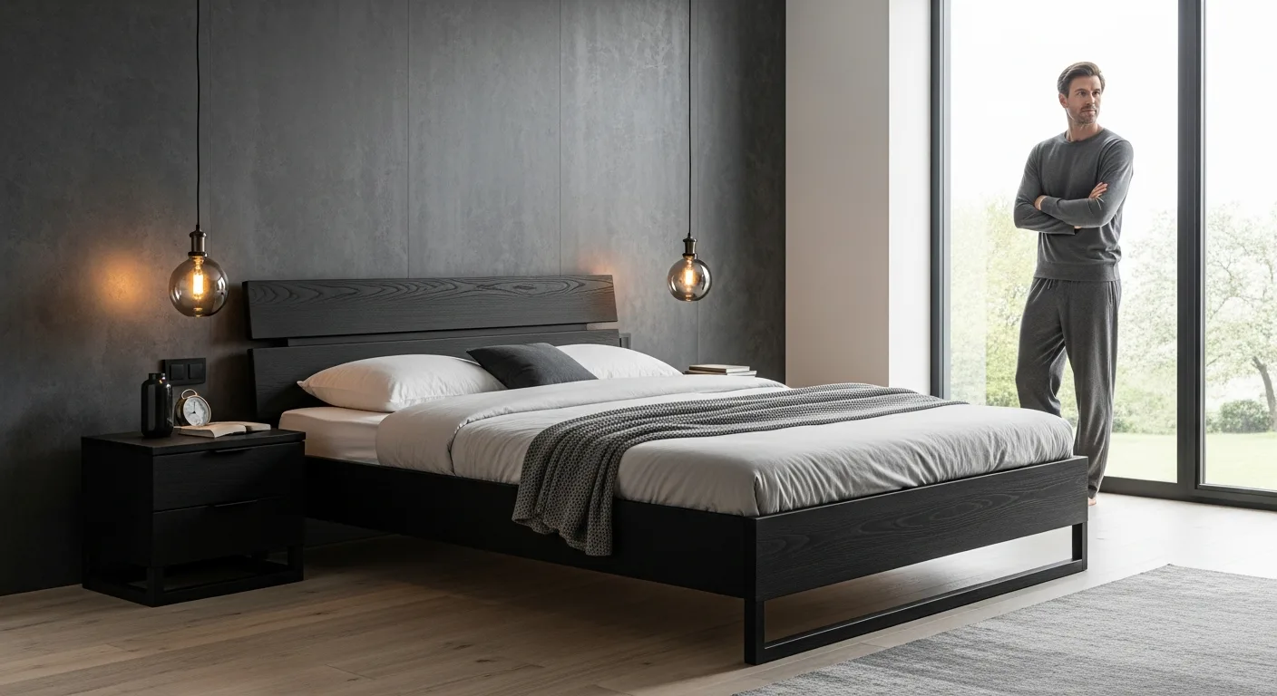 A sophisticated modern master suite featuring elegant black bedroom furniture against a dark charcoal accent wall.