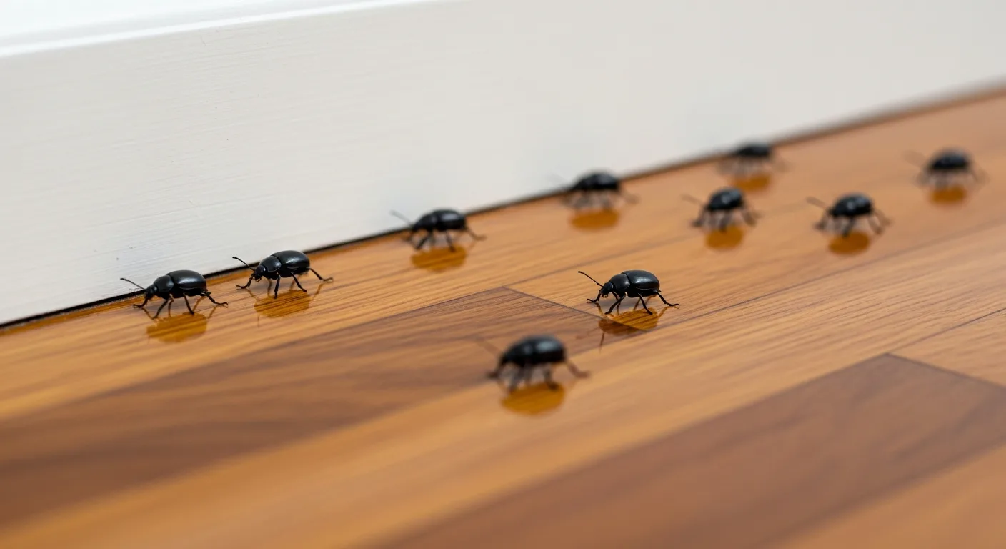 A close-up view of small black bugs in house crawling on a wooden floor surface near a baseboard.