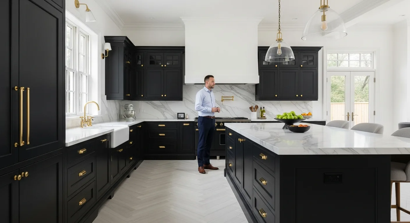 Modern minimalist kitchen featuring sleek matte black kitchen cabinets with gold hardware and marble countertops.