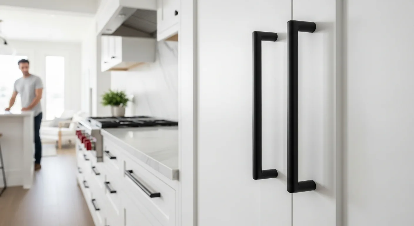 Modern kitchen cabinets featuring matte black kitchen hardware for a sleek and contemporary home upgrade.