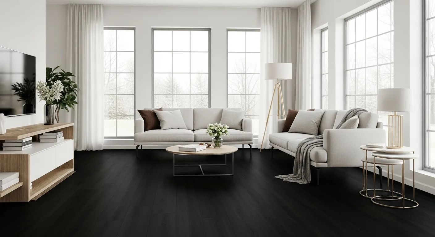Modern minimalist living room featuring sleek black vinyl flooring and contemporary furniture.