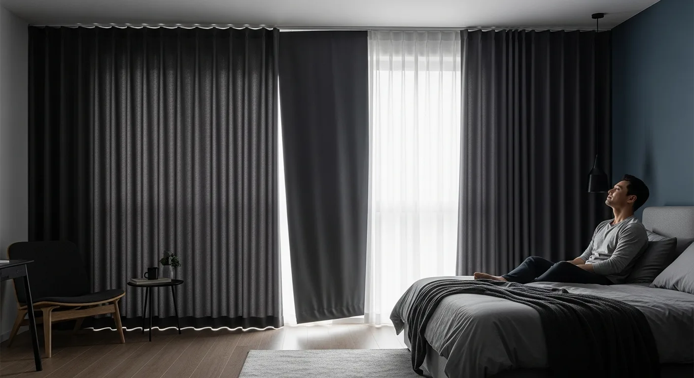 High-quality blackout curtains for bedroom blocking out sunlight in a modern, cozy sleeping space.