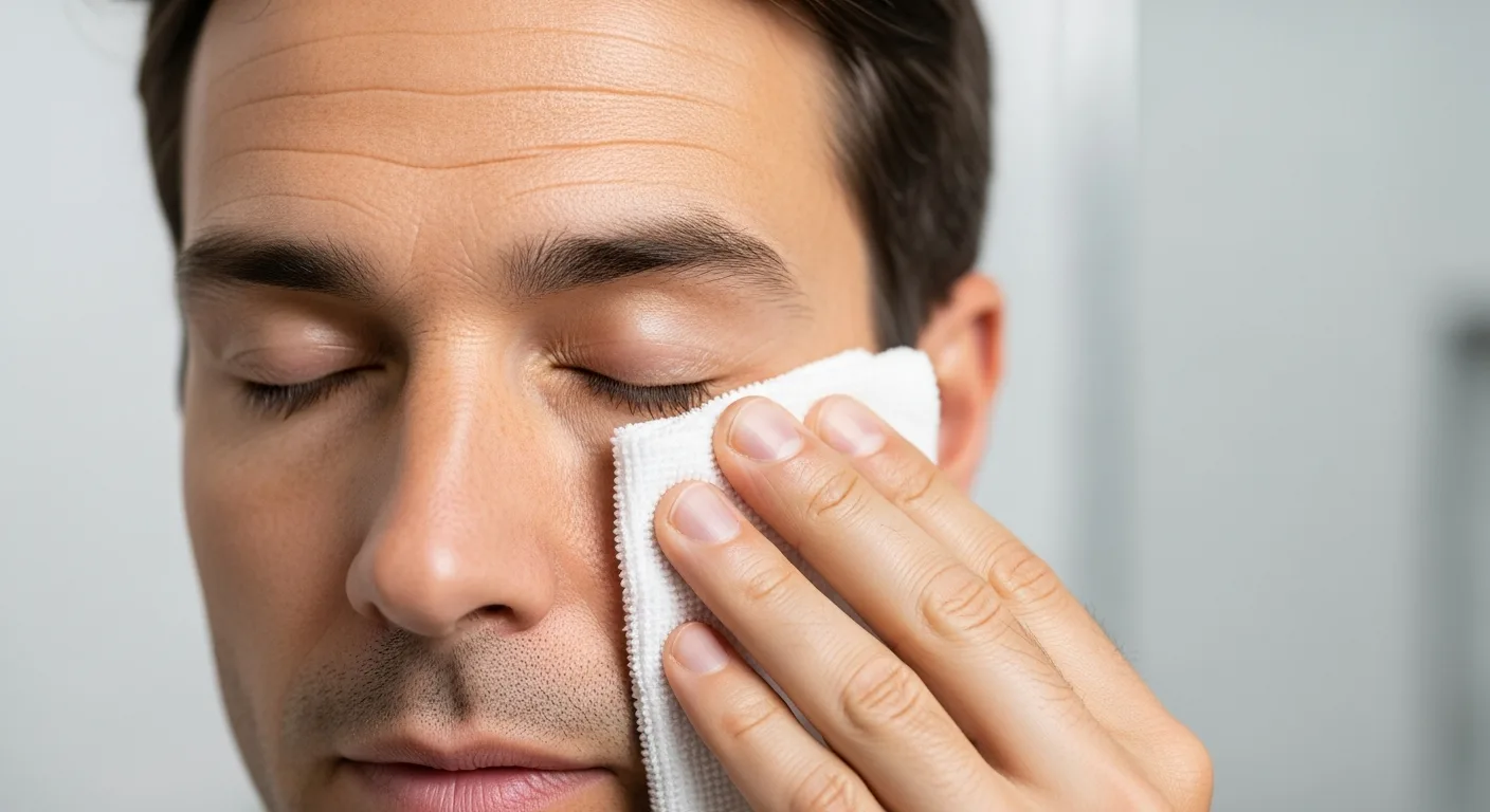 A man applying a warm compress as a blocked tear duct home remedy to soothe eye irritation and swelling.