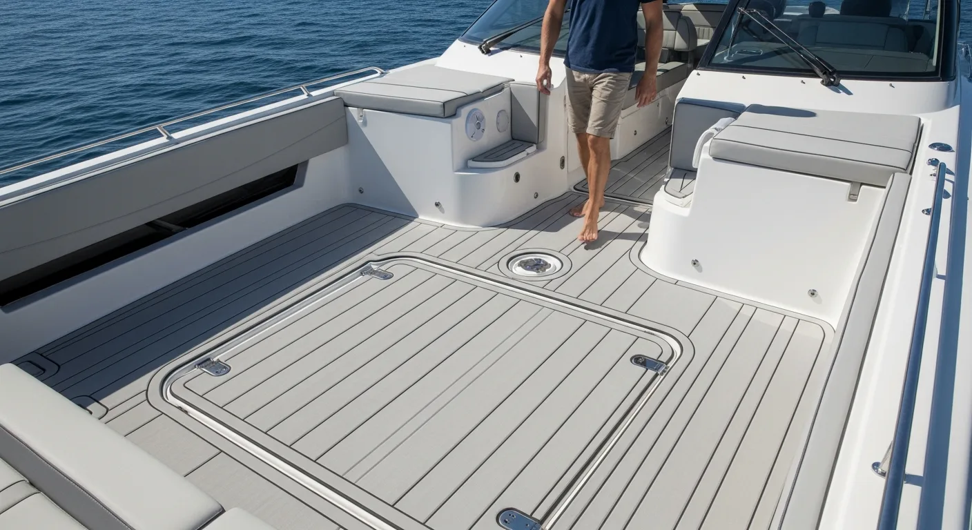 Close-up of premium boat flooring foam installed on a modern vessel deck, showing its slip-resistant texture.