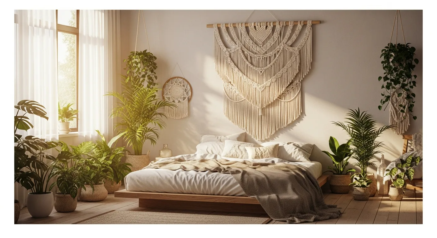 A cozy and relaxed space featuring stylish boho bedroom decor with plants and earthy tones.