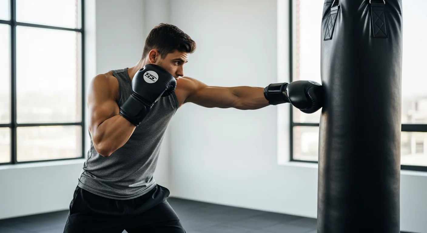 A determined man practicing a professional boxing workout at home with a heavy bag and gloves.