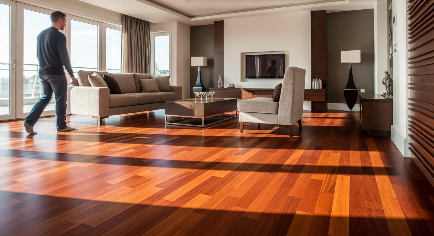 A close-up of durable brazilian cherry hardwood flooring in a sunlit hallway of a busy home.