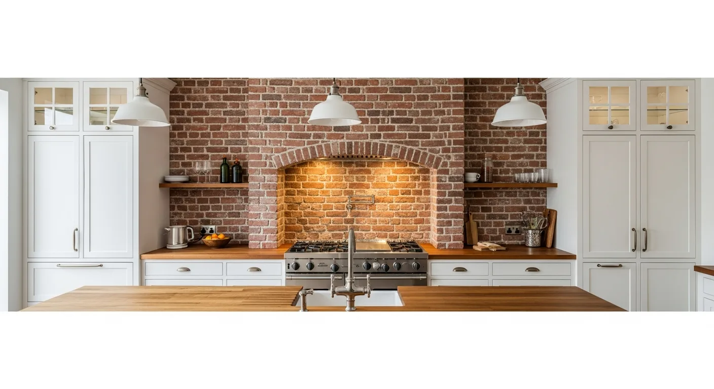 A modern rustic kitchen featuring a textured brick backsplash and natural wood floating shelves.