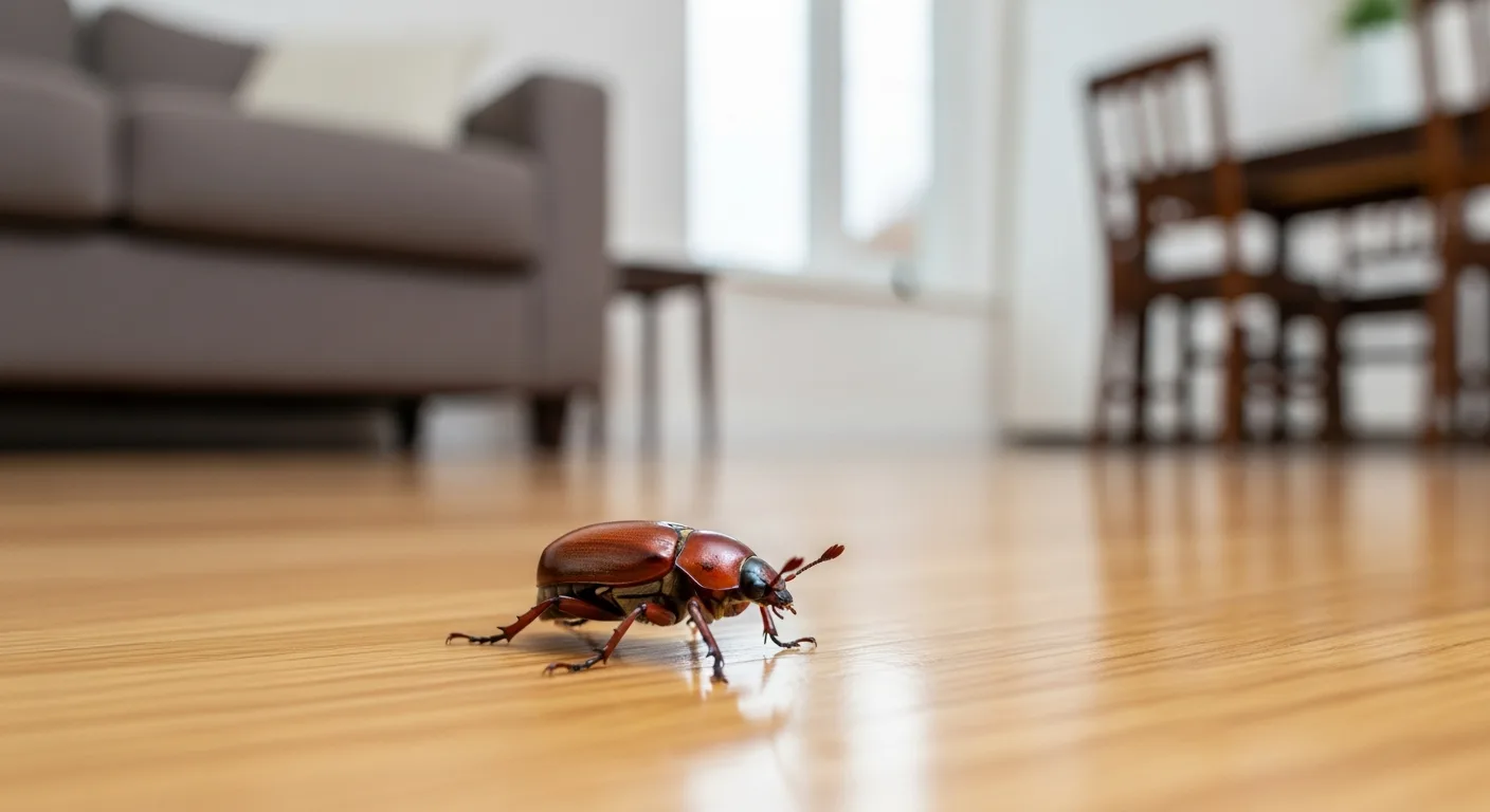 A macro shot of a small brown beetle in house on a light wooden floor for pest identification.