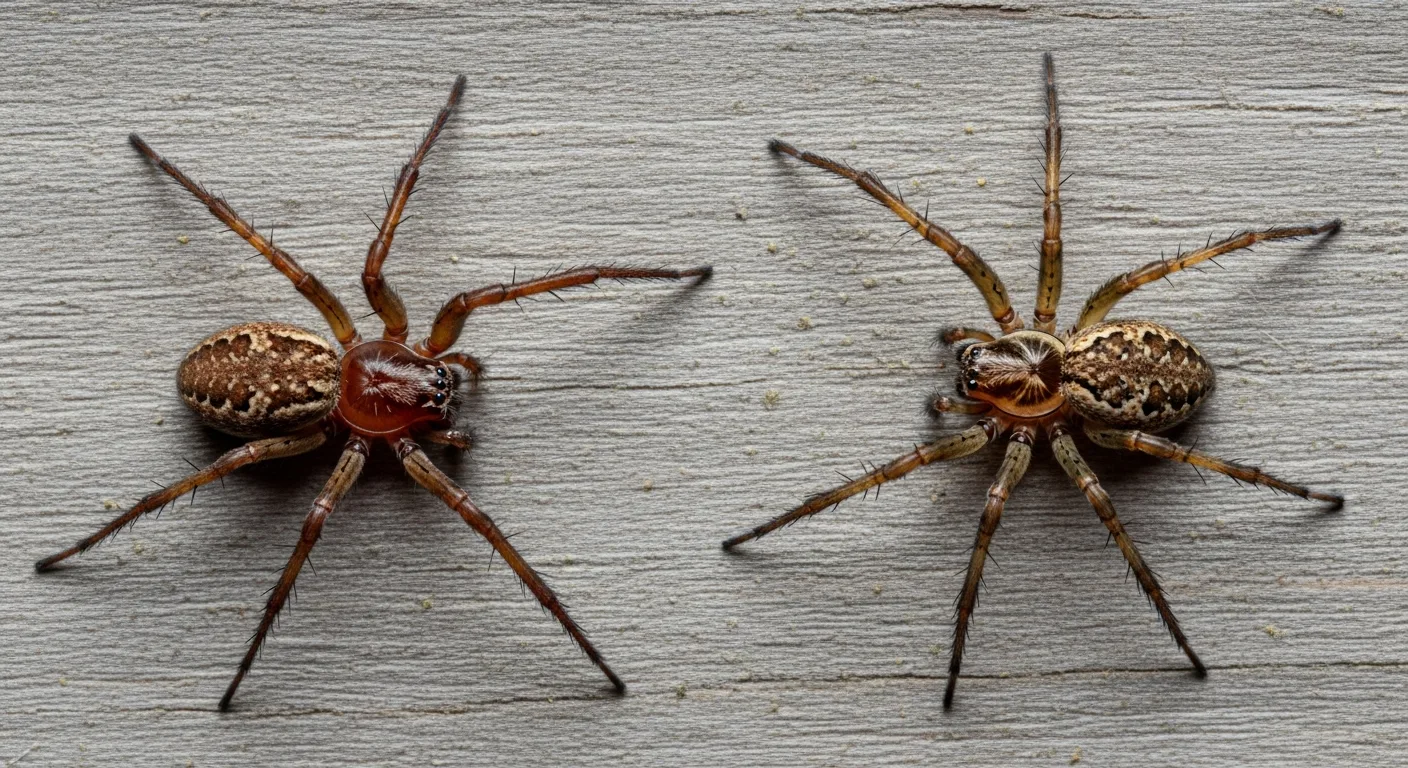 Side-by-side comparison of a brown recluse vs house spider on a light wooden surface for easy identification.
