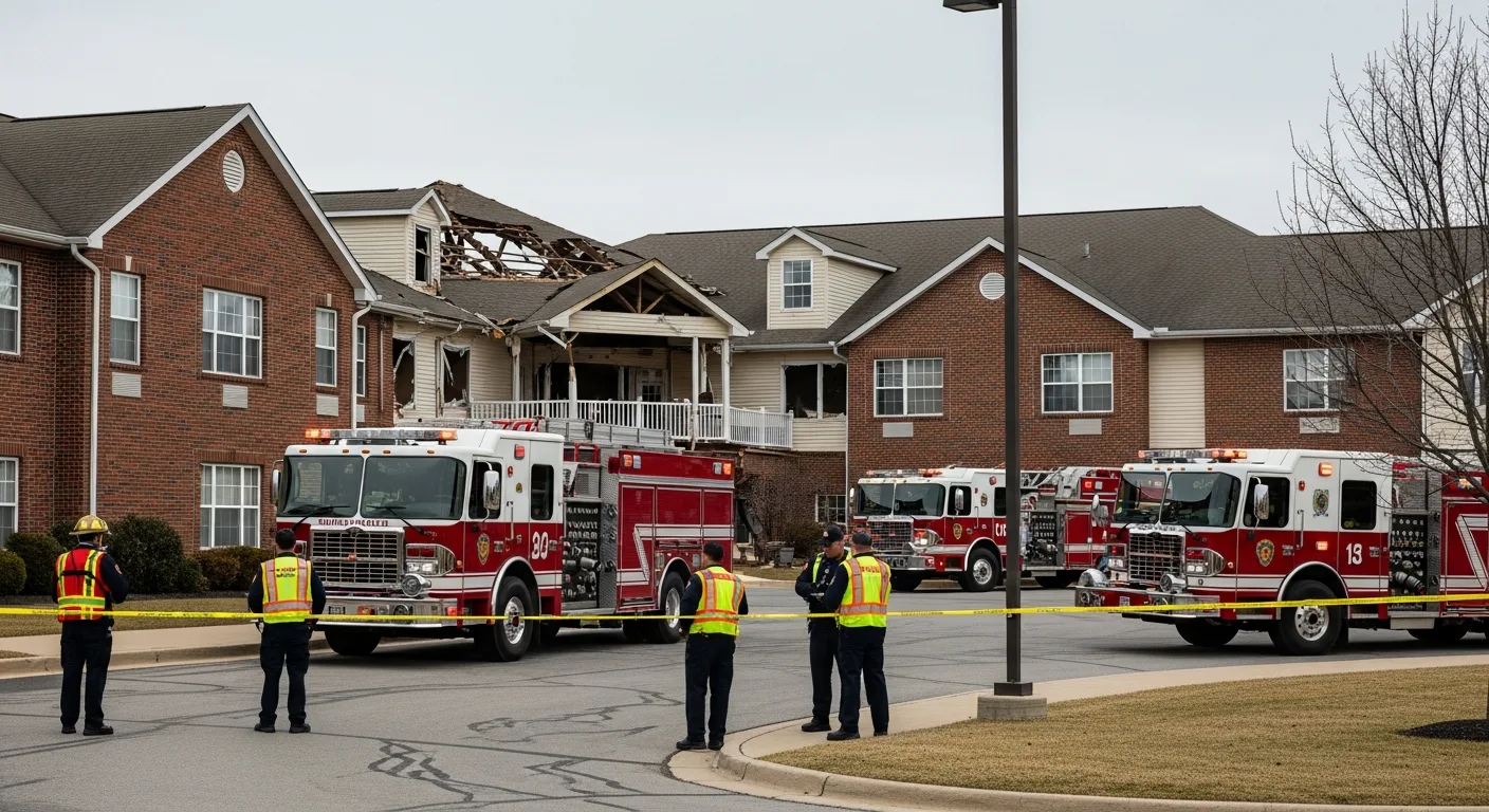 Emergency responders at the scene of the Bucks County nursing home explosion investigating structural damage and safety.
