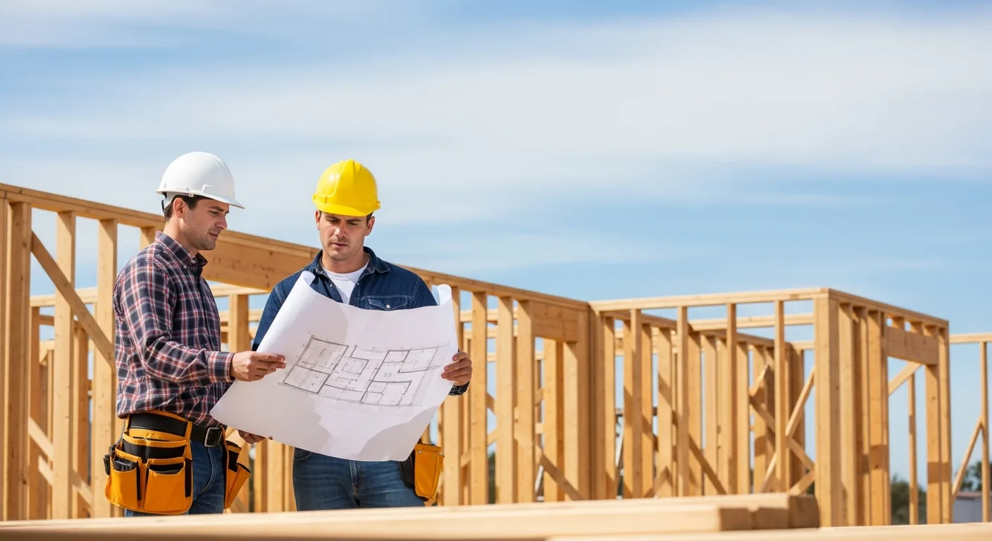 Professional contractor and architect reviewing blueprints while building a custom home on a sunny construction site.