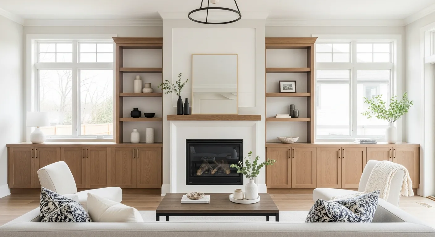 Modern built in cabinets living room design showcasing sleek white shelving and integrated storage solutions.