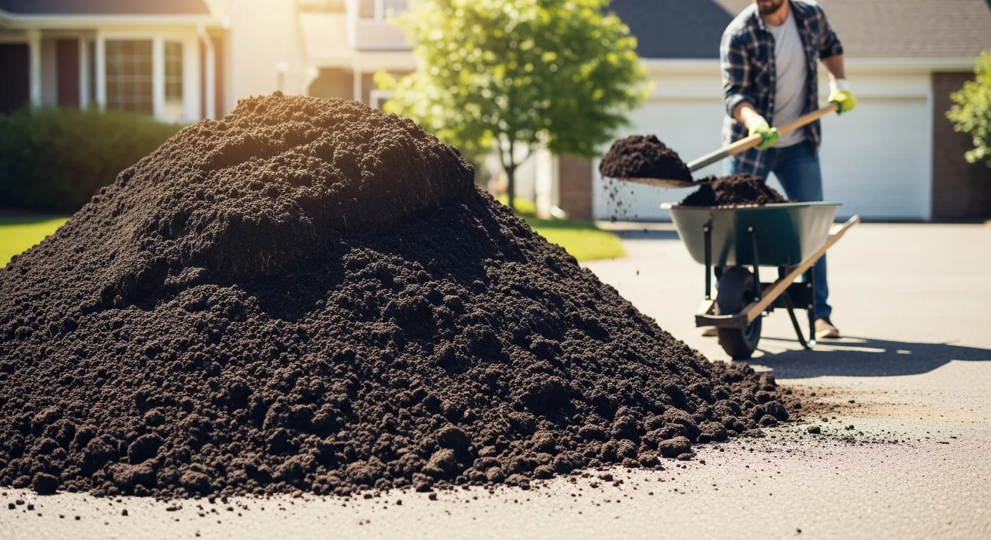 A large pile of rich, dark bulk garden soil delivered to a residential driveway for a landscaping project.