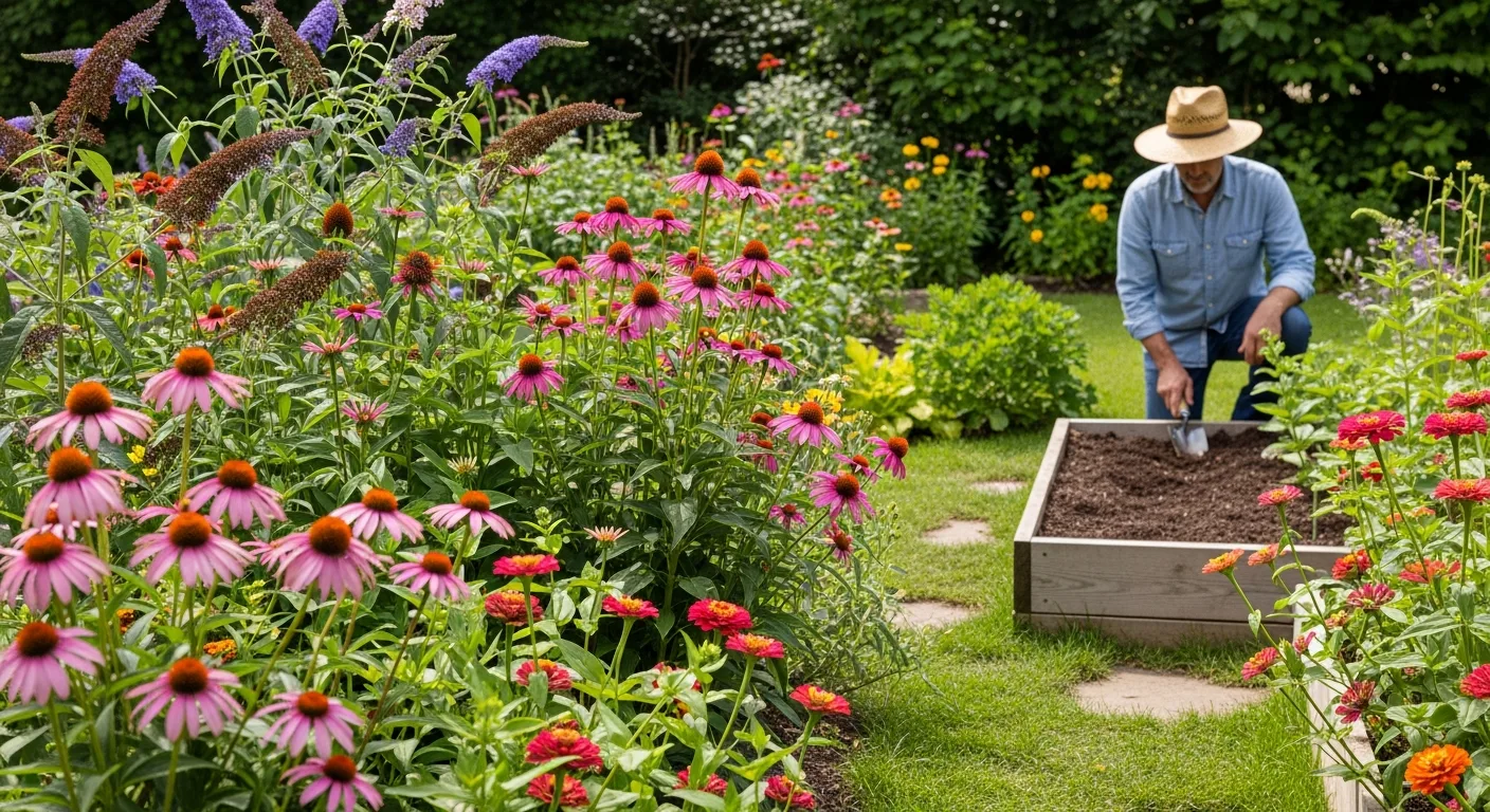 A vibrant mix of butterfly garden plants like purple coneflowers and milkweed attracting a Monarch butterfly.